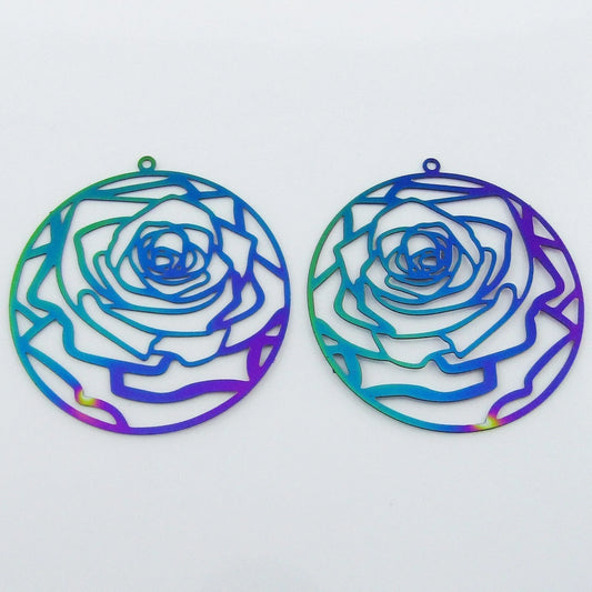 Bulk 6pce Laser Cut Rose Charm Pendant Earring Component SSteel 46x44mm