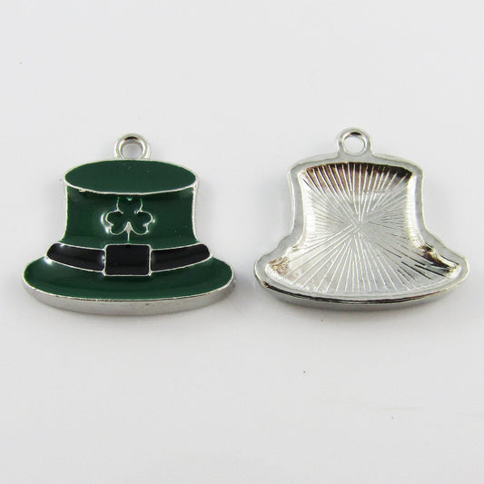 Bulk 6pce Enamel Irish Hat Shamrock Charm Pendant St Patricks Day 22x20mm