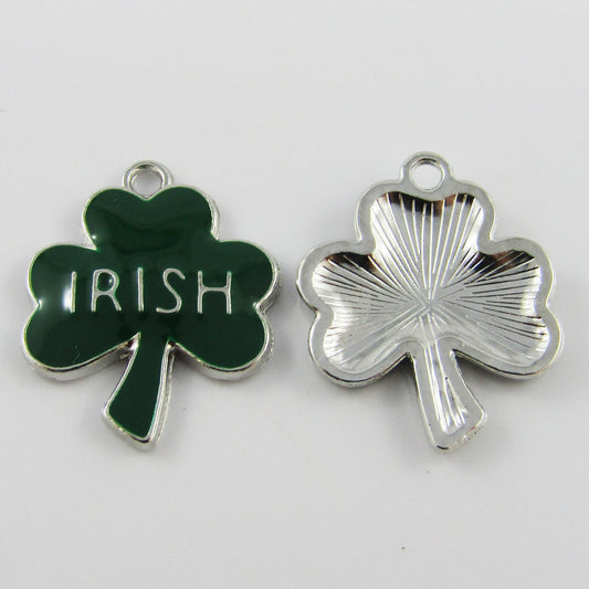 Bulk 6pce Enamel Irish Shamrock Clover Charm Pendant St Patricks Day 24x19mm
