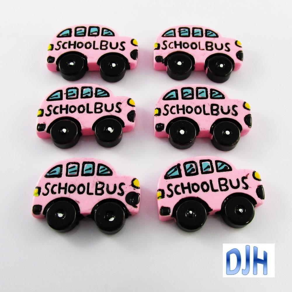 6pcs DIY Resin School Bus Cabochon Flat Back Cards Hair Clips Yellow Or Pink