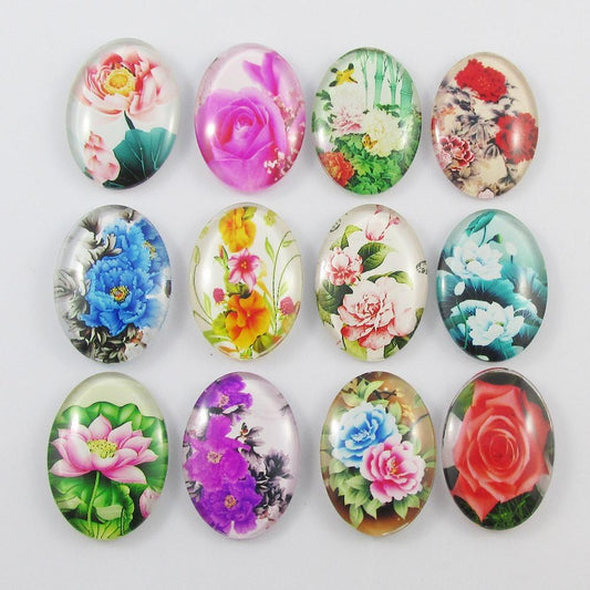 Oval Glass Dome Flower Print Cabochon 25x18mm Select 5 or 10 pce Random Mix