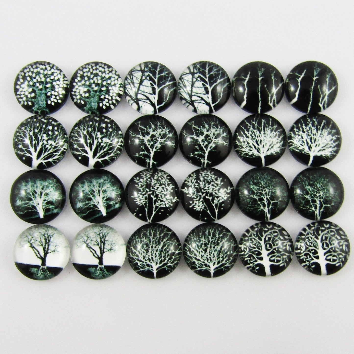 Glass Dome Black & White Trees Cabochon 12mm Pick 10 or 20 pieces random pairs