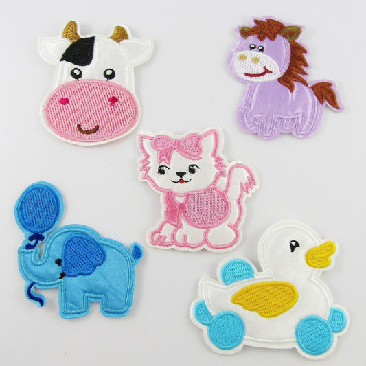5pce Set Iron on / Sew On Satin Cute Animals Cloth Patches 65-82 x 67-71mm