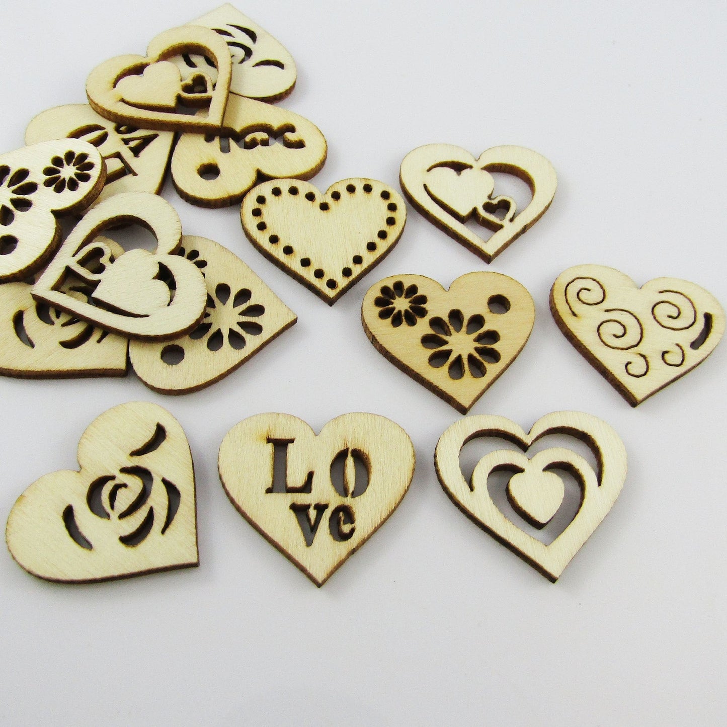 20pcs Laser Cut Wood Love Hearts Cabochons Scrapbooking Cards & More!