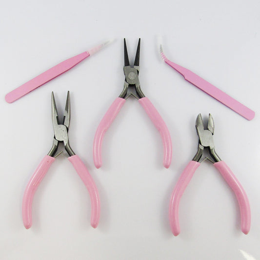 5pc Pink Jewellery Pliers and Tweezer set Round Nose Needle Nose and Side Cutter