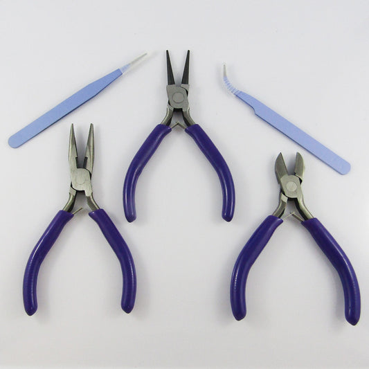 5pc Purple Jewellery Pliers and Tweezer set Round Nose Needle Nose Side Cutter