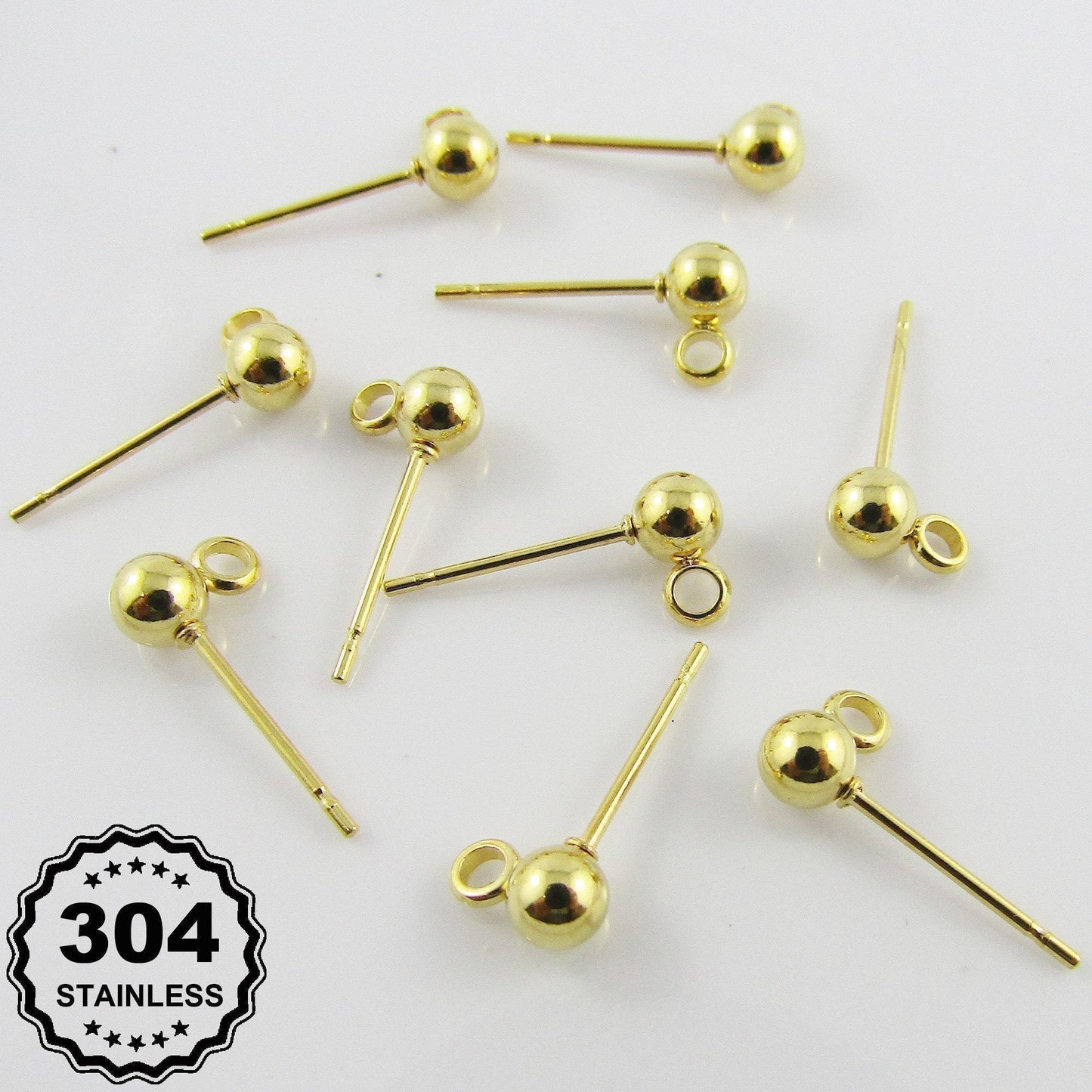 Bulk 20pcs (10sets) DIY Ball Post Stud Earring Finding Gold 15x4mm 304 Stainless