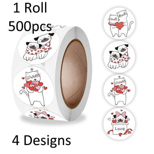 1 Roll 500pcs Cats & Dogs Valentines Day Self Adhesive Paper Sticker Labels 25mm