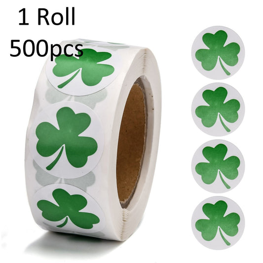 1 Roll 500pcs St Patricks Day Shamrock Clover Leaf Paper Sticker Labels 25mm