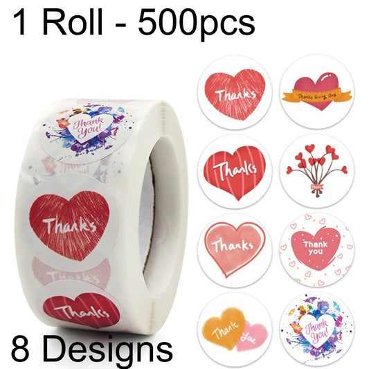 1 Roll 500pcs Heart Thank You Self Adhesive Paper Sticker Labels 25mm