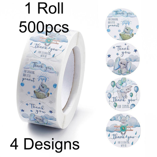 1 Roll 500pcs Baby Shower Thank you Baby Elephant Sticker lables 4 Patterns 25mm