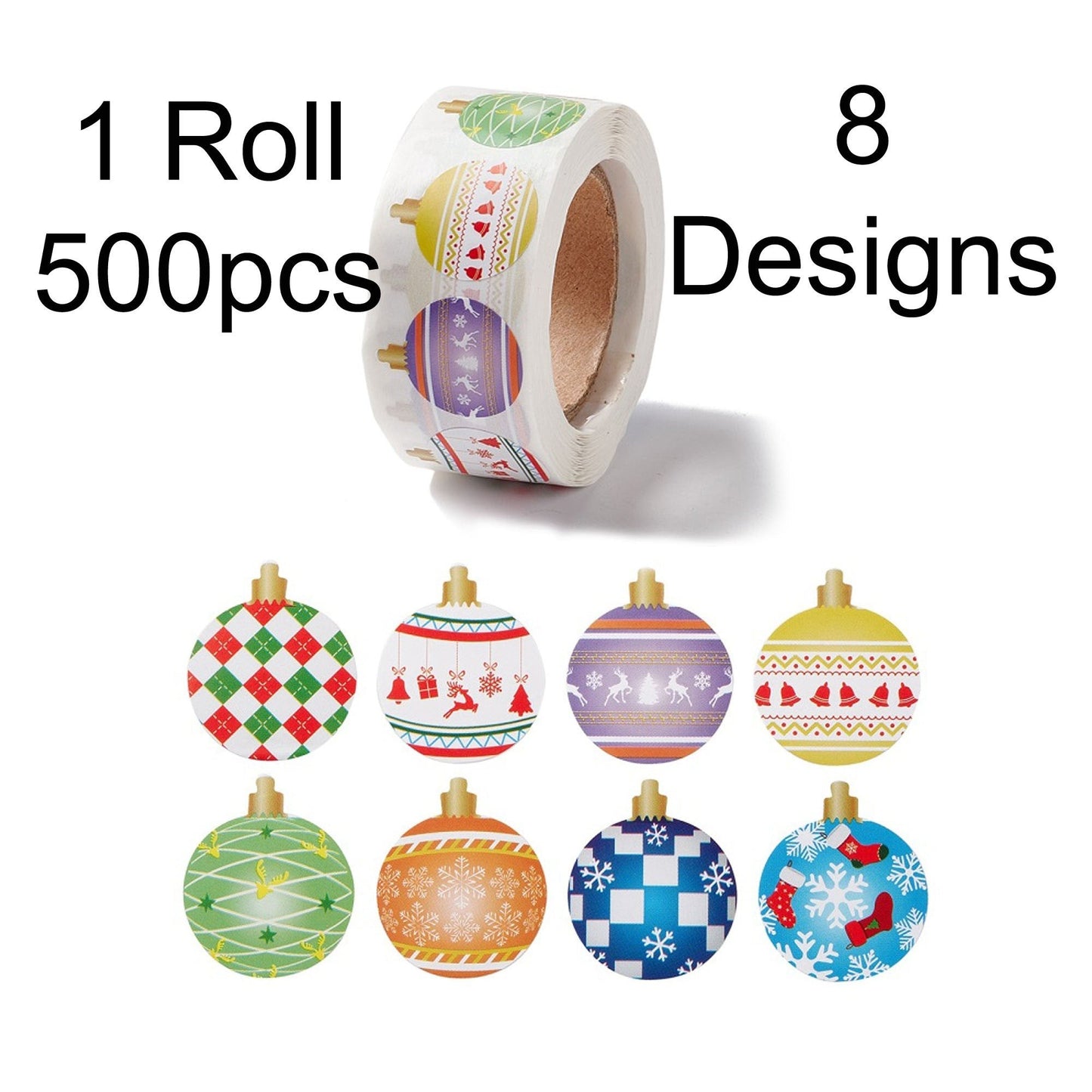 1 Roll 500pcs Christmas Bauble Round Self Adhesive Paper Stickers 25mm