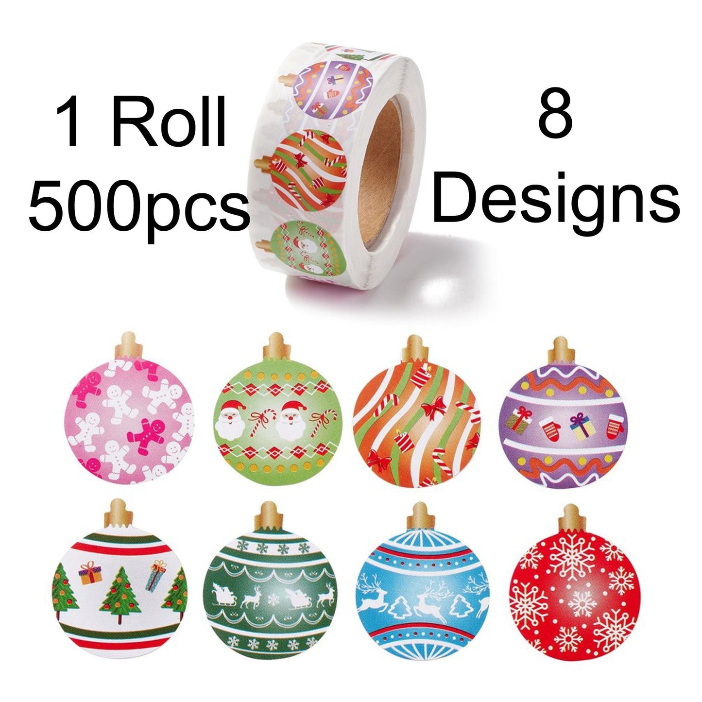 1 Roll 500pcs Christmas Bauble Festive Round Self Adhesive Paper Stickers 25mm