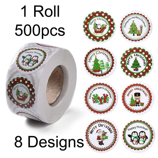 1 Roll 500pcs Merry Christmas Round Self Adhesive Paper Stickers 25mm