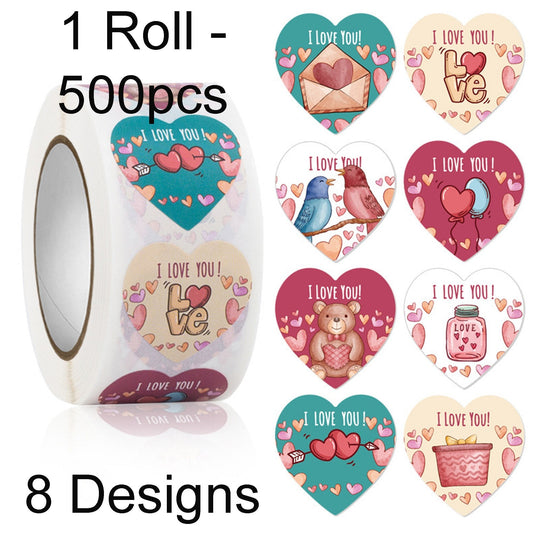 1 Roll 500pcs Valentine's Day Heart with I Love You Paper Sticker Labels 25mm