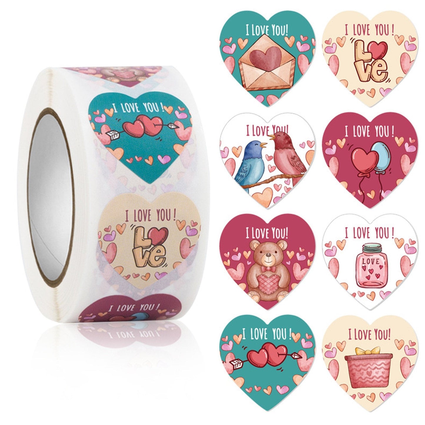 1 Roll 500pcs Valentine's Day Heart with I Love You Paper Sticker Labels 25mm