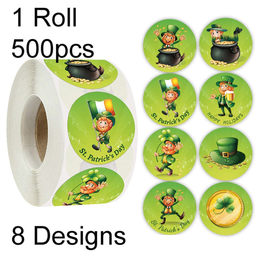 1 Roll 500pcs Saint Patrick's Day Leprechaun Sticker Labels Self Adhesive 38mm