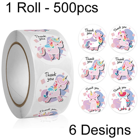 1 Roll 500pcs Unicorn Party Thank You Sticker Label Self Adhesive 6 Designs 25mm