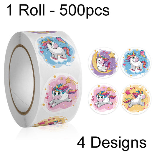 1 Roll 500pcs Unicorn Stickers Labels Self Adhesive 4 Designs 25mm