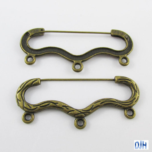 Bulk 5pk DIY 3 Loop Scroll Kilt Pin Safety Pin Brooch Antique Bronze 46x20mm
