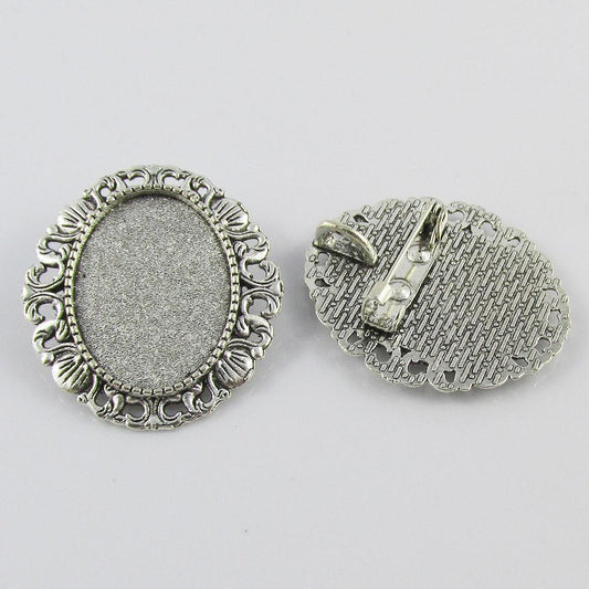Bulk 5pk DIY Oval Cabochon Setting Pin Brooch with Loop 34x30mm Fit 25x18mm Cabs