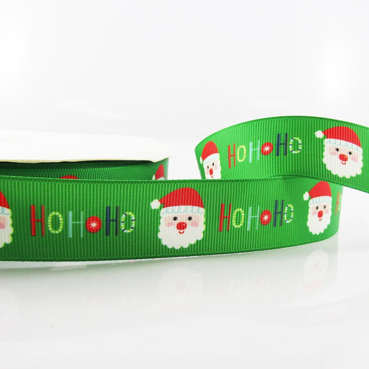 3metres Printed HoHoHo Santa Claus Christmas Grosgrain Ribbon 25mm Green