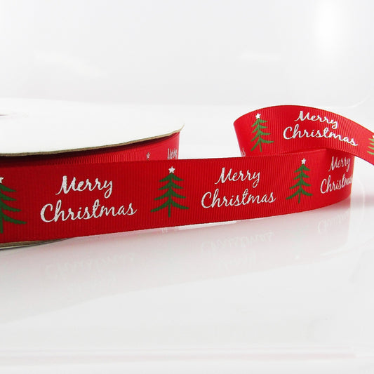 3metres Printed Metallic Merry Christmas Tree Grosgrain Ribbon 25mm