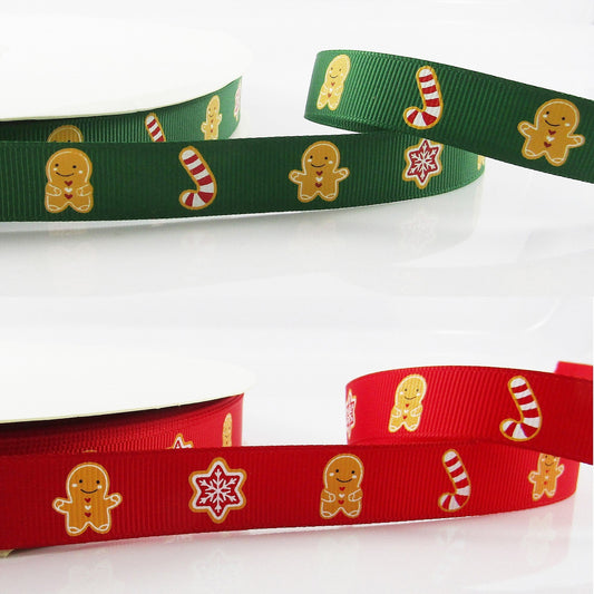 3metres Christmas Gingerbread Person Grosgrain Ribbon 16mm Green or Red