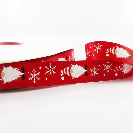 3metres Printed Snowflake Christmas Gnome Satin Ribbon 20mm