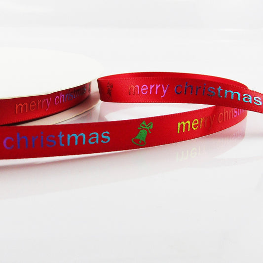 3metres Printed Rainbow Metallic Merry Christmas Satin Ribbon 9mm
