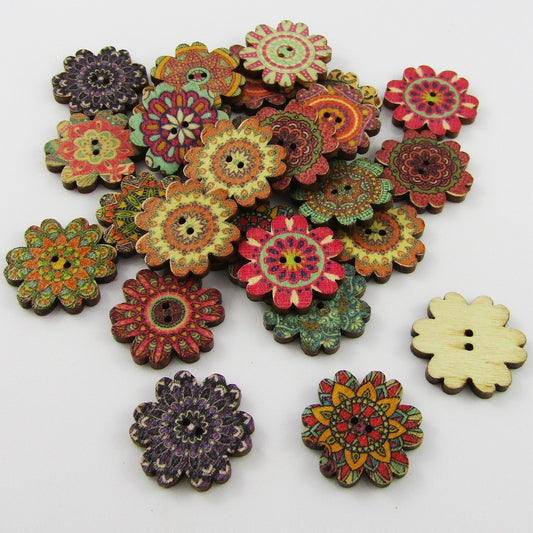 50pce Scalloped Edge Flower 2 Hole Wood Button 20mm Sewing Cards Junk Journal