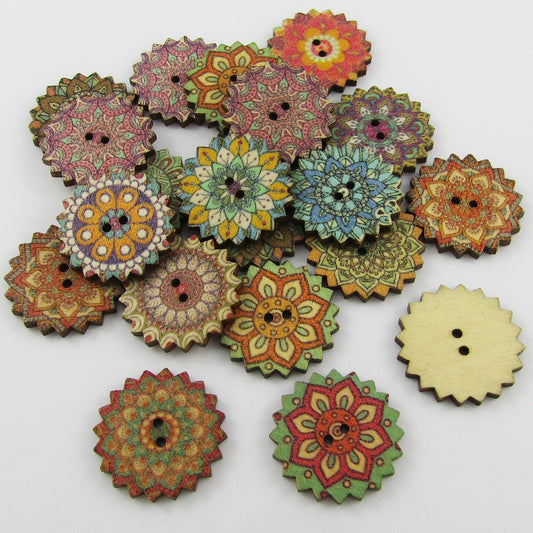 50pce Star Printed Mandala 2 Hole Wood Button 24mm Sewing Cards Junk Journal etc