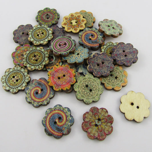 50pce Flower Printed 2 Hole Wood Button 20mm Sewing Cards Junk Journal etc