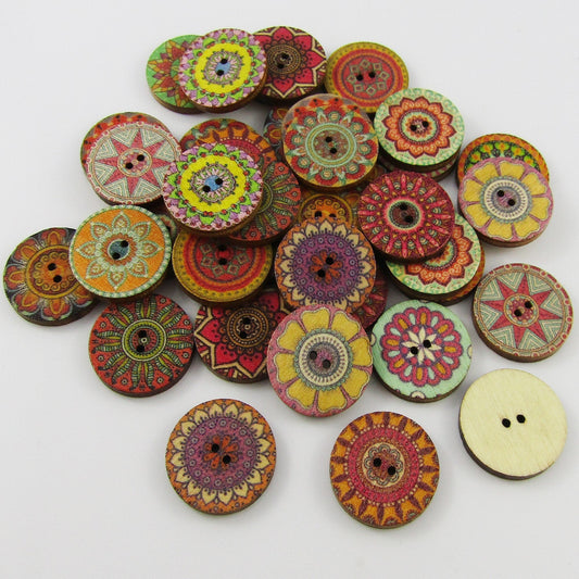 50pce Round Mandala Print 2 Hole Wood Button 20mm Sewing Cards Junk Journal etc