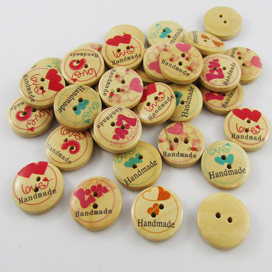 50pce Printed Love Hand Made 2 Hole Wood Button Round 20mm Sewing