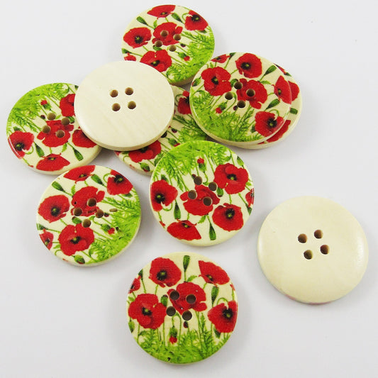 25pce Remembrance Poppy Print Wood Button Round 4 Holes 30mm Dia Sewing