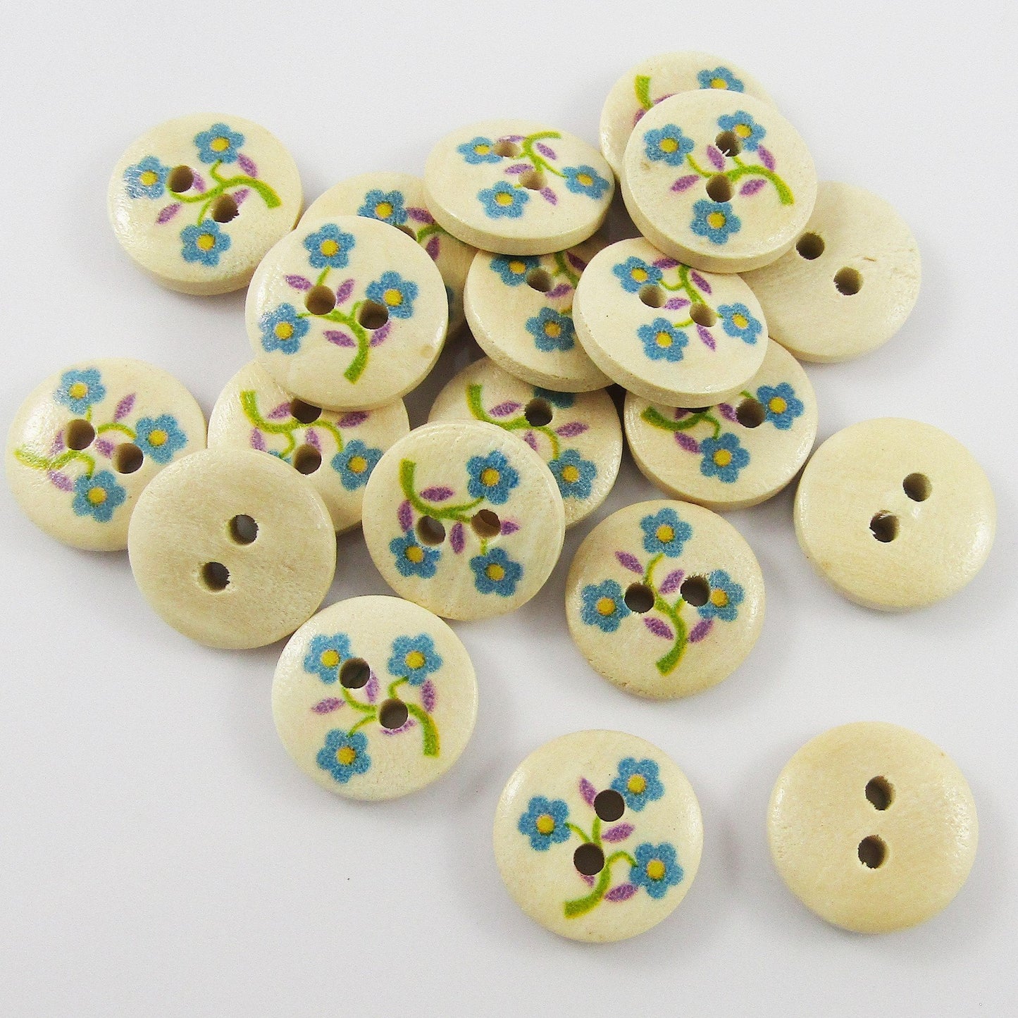 25pce Forget me Not Flower Printed Wood Button Round 2-hole 15mm Sewing