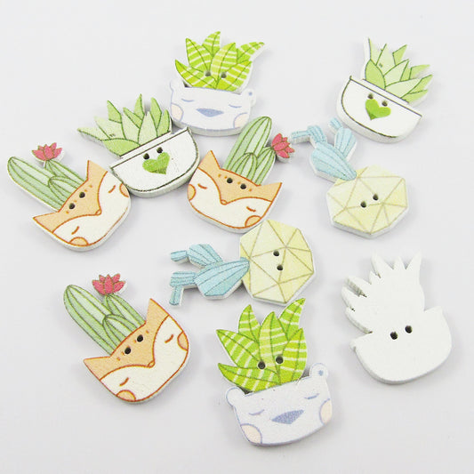 20pce Succulents 2 Hole Wood Button 25-29mm x 18-19mm Sewing Cards Junk Journal
