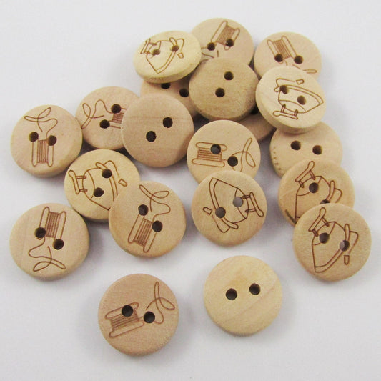 50pce Printed Sewing Cotton & Heat Press Iron 2 Hole Wood Button 15mm Sewing