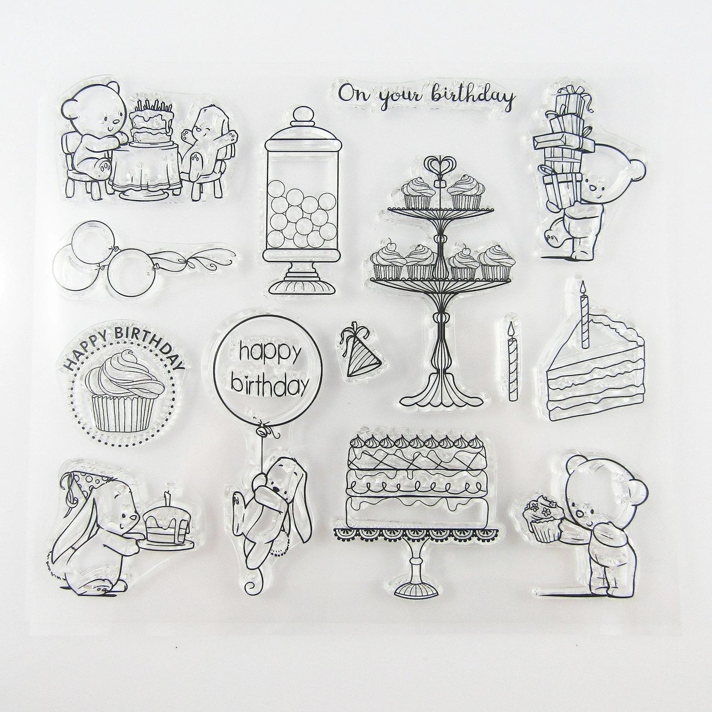 Birthday Cake Teddy Bear Clear Stamp Silicone Rubber Scrapbooking Card Making