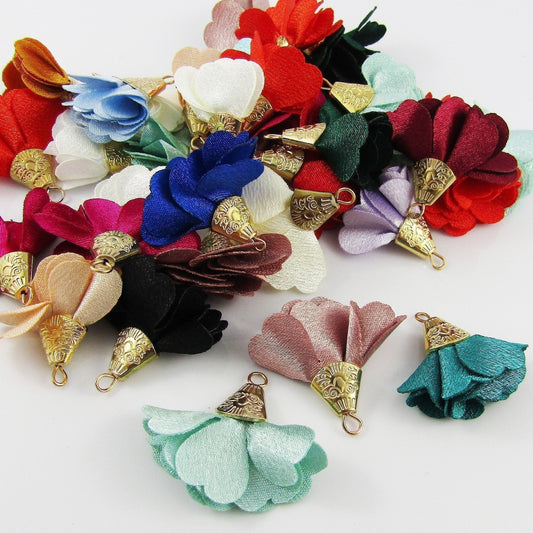 10pce (5 pairs) Silky Flower Tassel Decorative Gold Cap 28-32mm Earrings etc