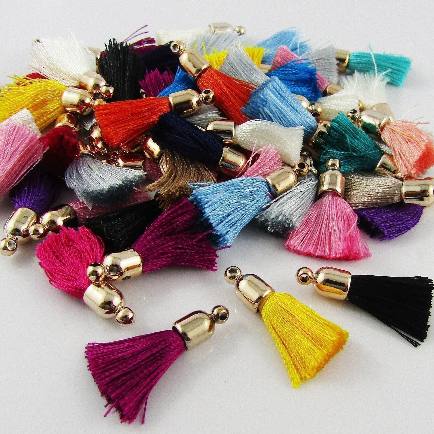10pce (5 pairs) Small Silky Polyester Tassel with Gold Cap 25mm Earrings etc