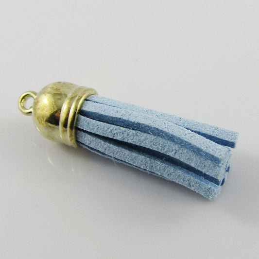 10pce Faux Suede Tassel 33-35mm CCB Acrylic Gold Cap Baby Blue