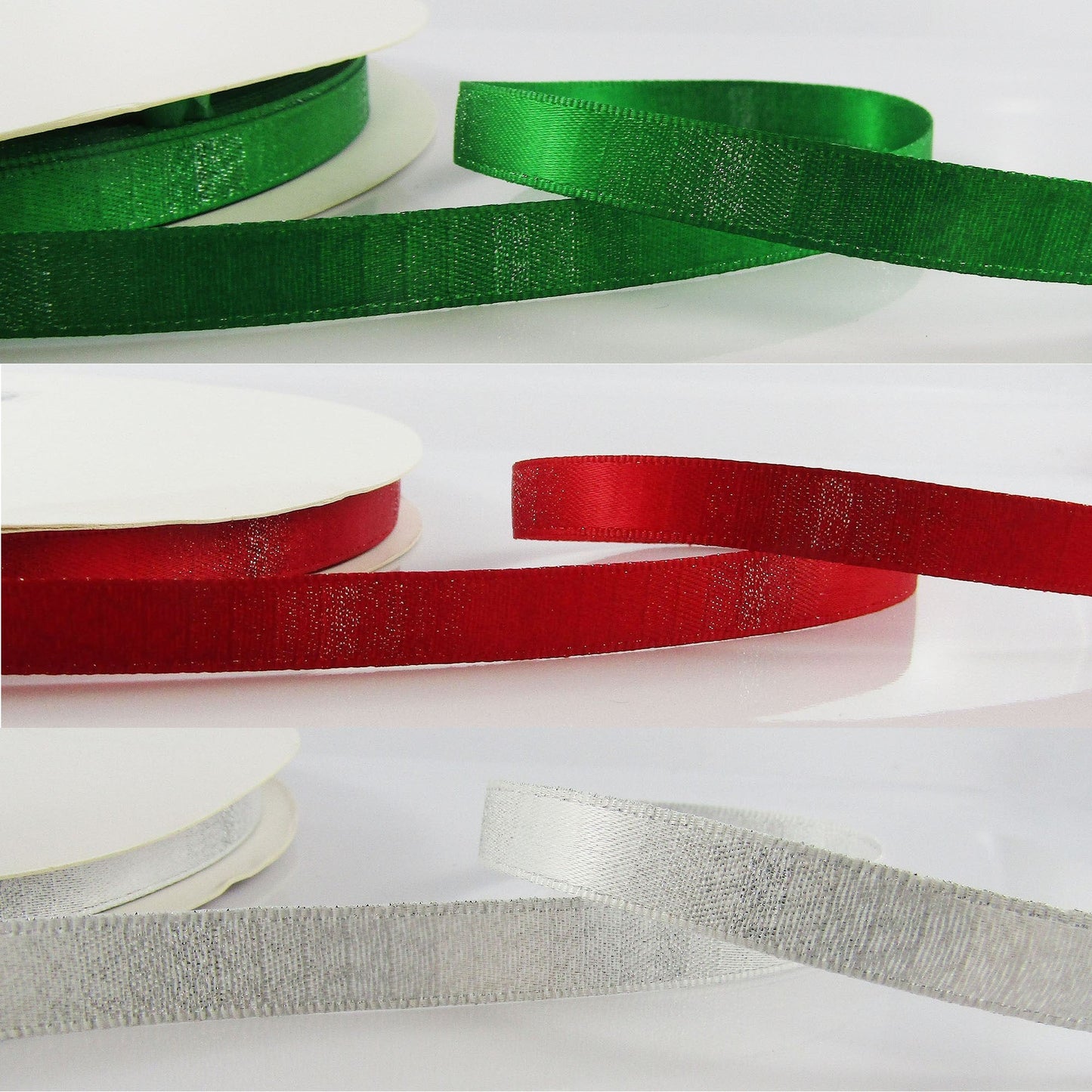 3metres Satin Glitter Ribbon 9mm Green Red or Silver Christmas Ribbon