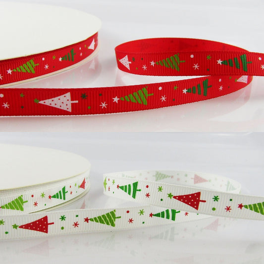 3metres Printed Christmas Trees Grosgrain Ribbon 9mm Red or White